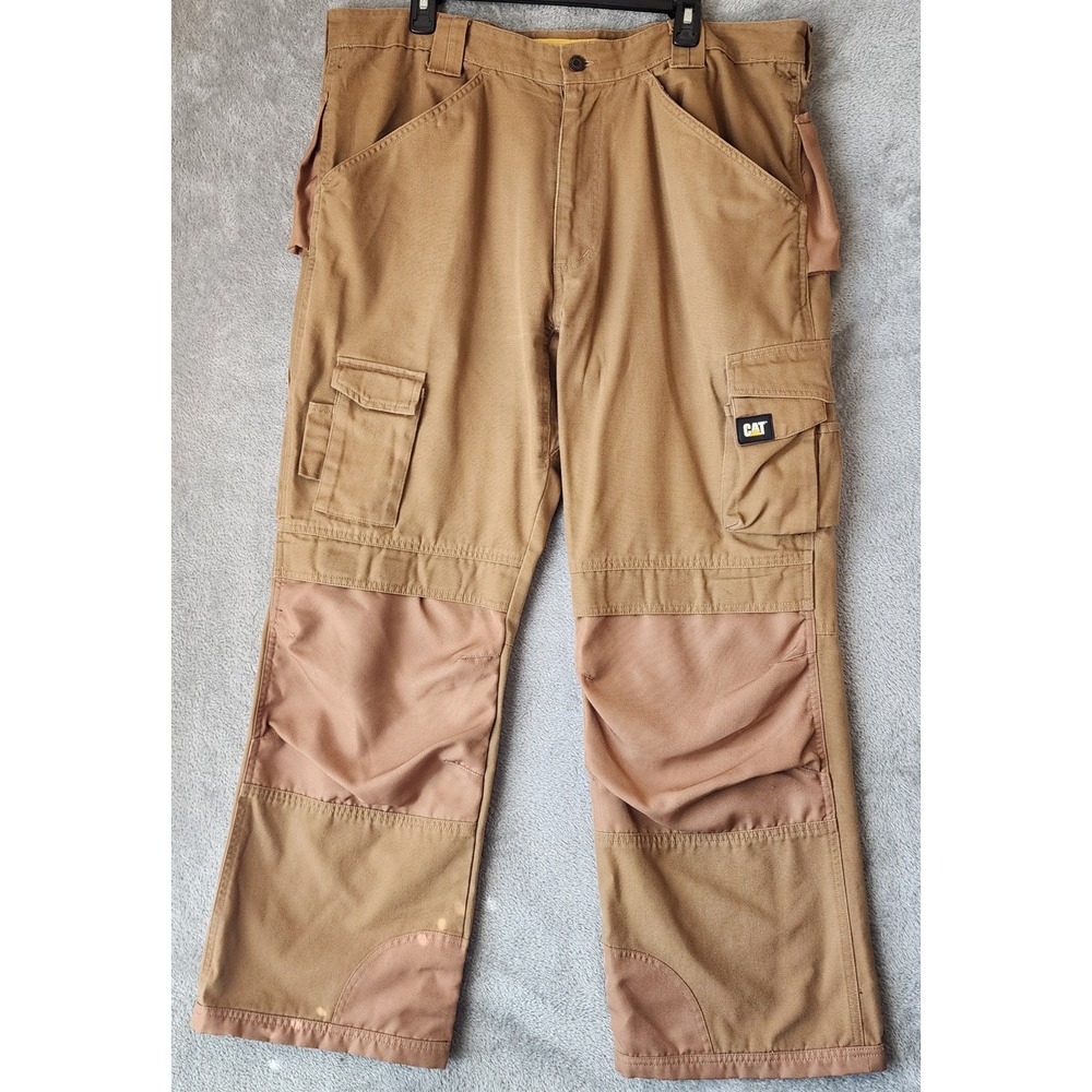 CAT Caterpillar Work Pants Mens 40x32 Brown Double Knee Cargo Utility Heavy Duty